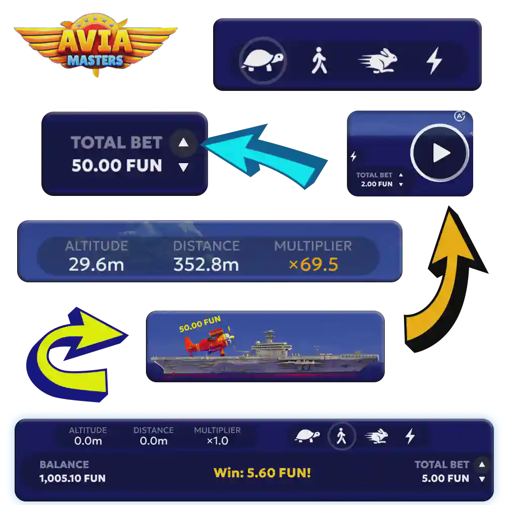 In-game screenshot of Aviamasters showing off multipliers and rockets. In-game screenshot of Aviamasters showing off multipliers and rockets.